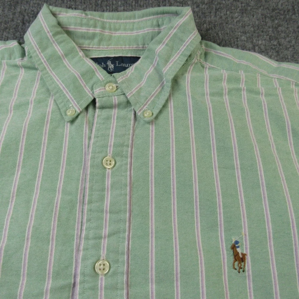 Ralph Lauren Shirt Mens XL Green Stripe Classic‎ Fit Short Sleeve Button Down